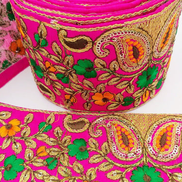 Fuchsia Pink Art Silk Fabric Trim With Intricate Floral Embroidery, Approx. 90mm wide, Trim By Yard Decorative Sari Border